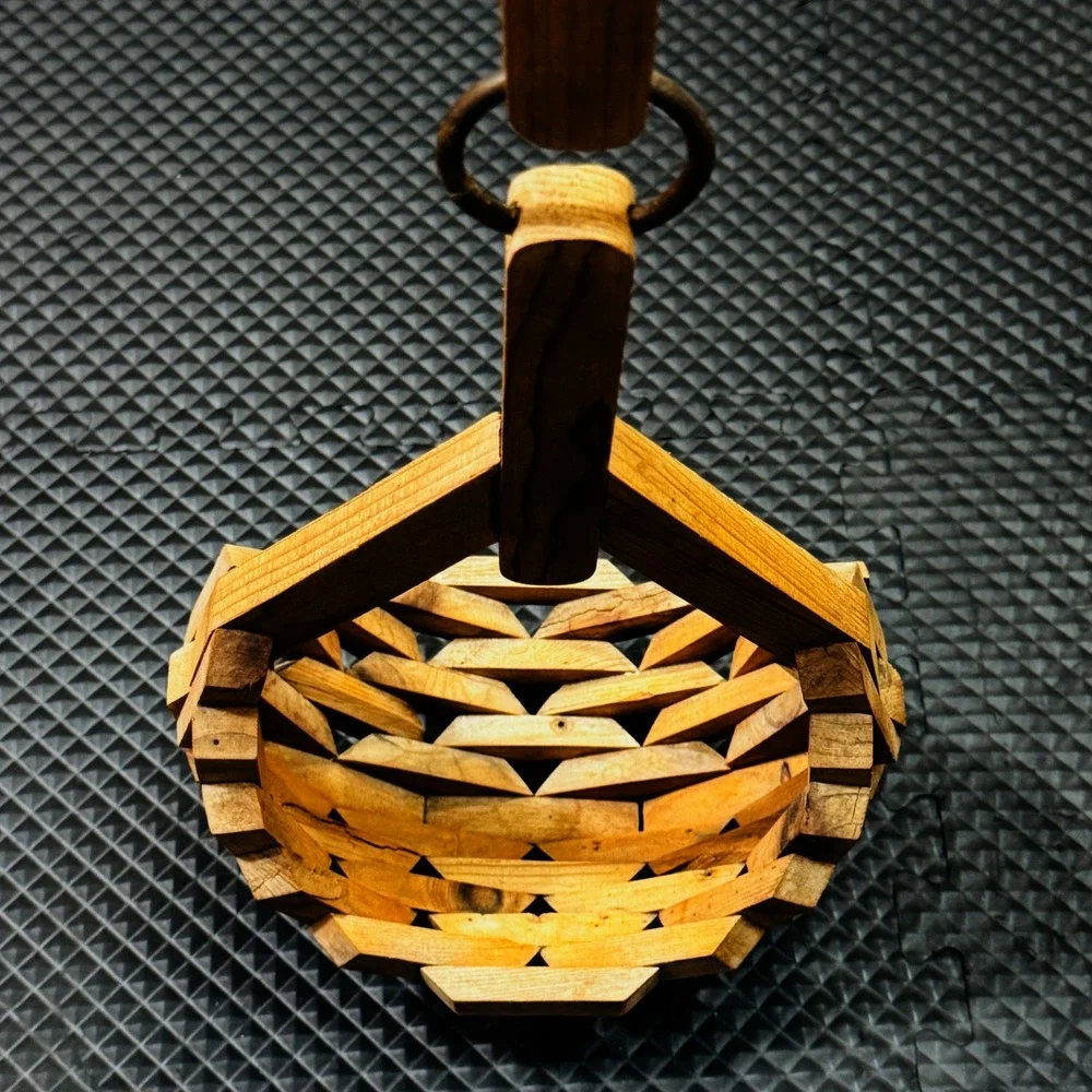 Vintage Hanging Basket MCM Wood Slat Articulated Ring Handle Handmade Folk Art